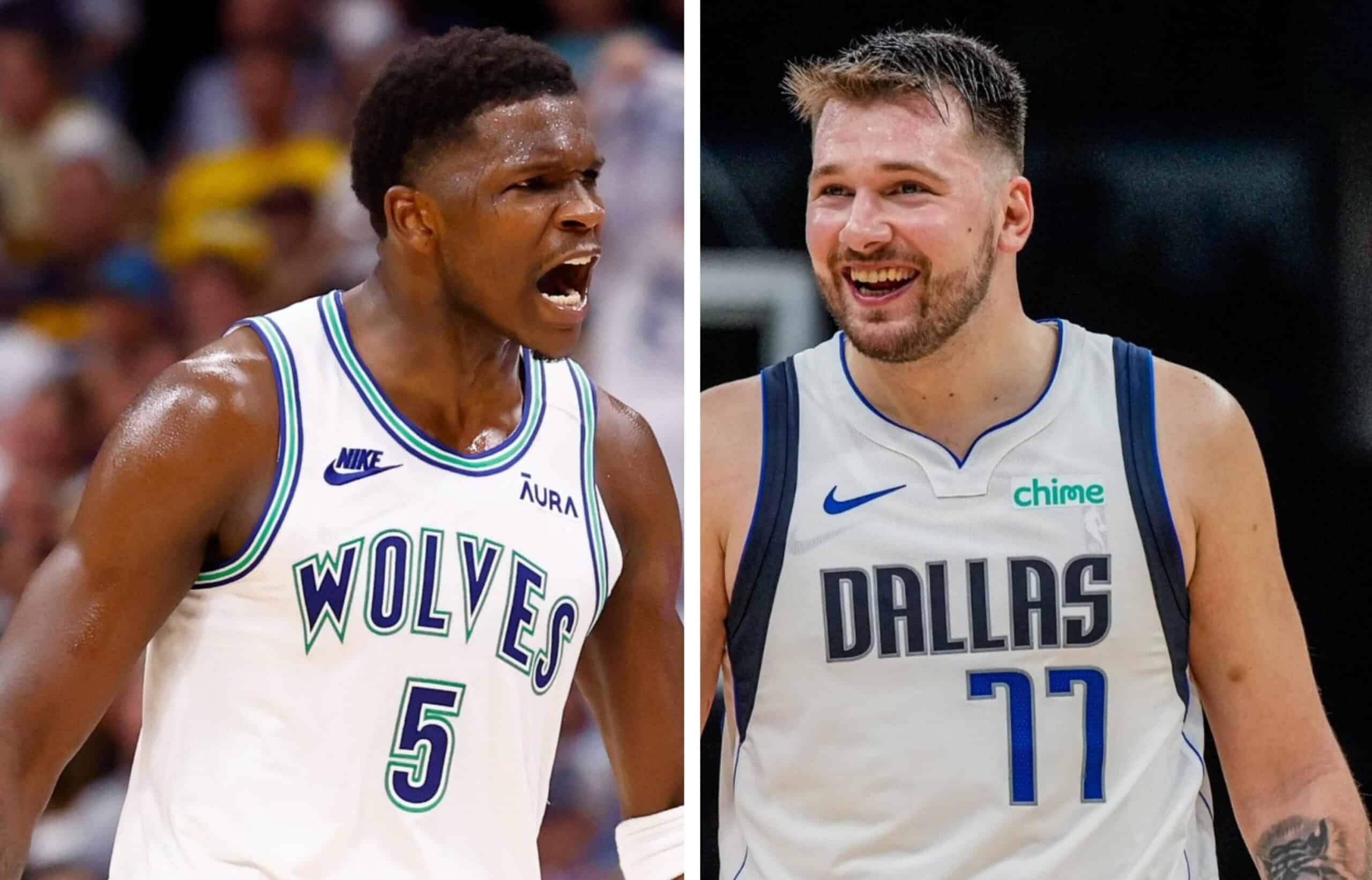 ANTHONY EDWARDS A LA IZQUIERDA DE LOS TIMBERWOLVES Y A LA DERECHA LUKA DONCIC DE LOS MAVERICKS