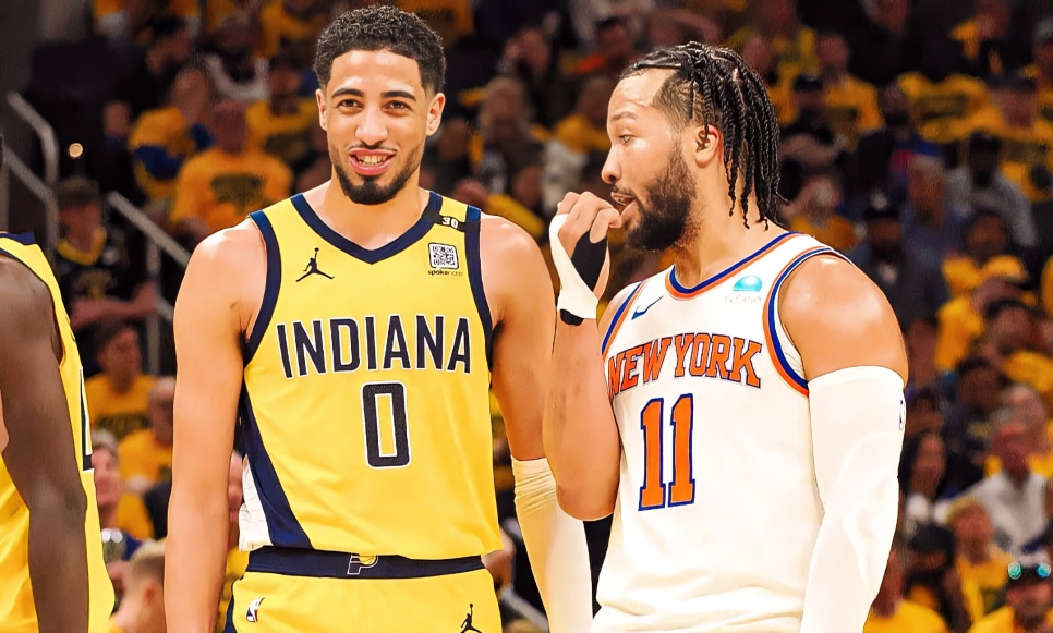 TYRESE HALIBURTON A LA DERECHA DE LOS PACERS Y JALEN BRUNSON DE LOS KNICKS ALA DERECHA
