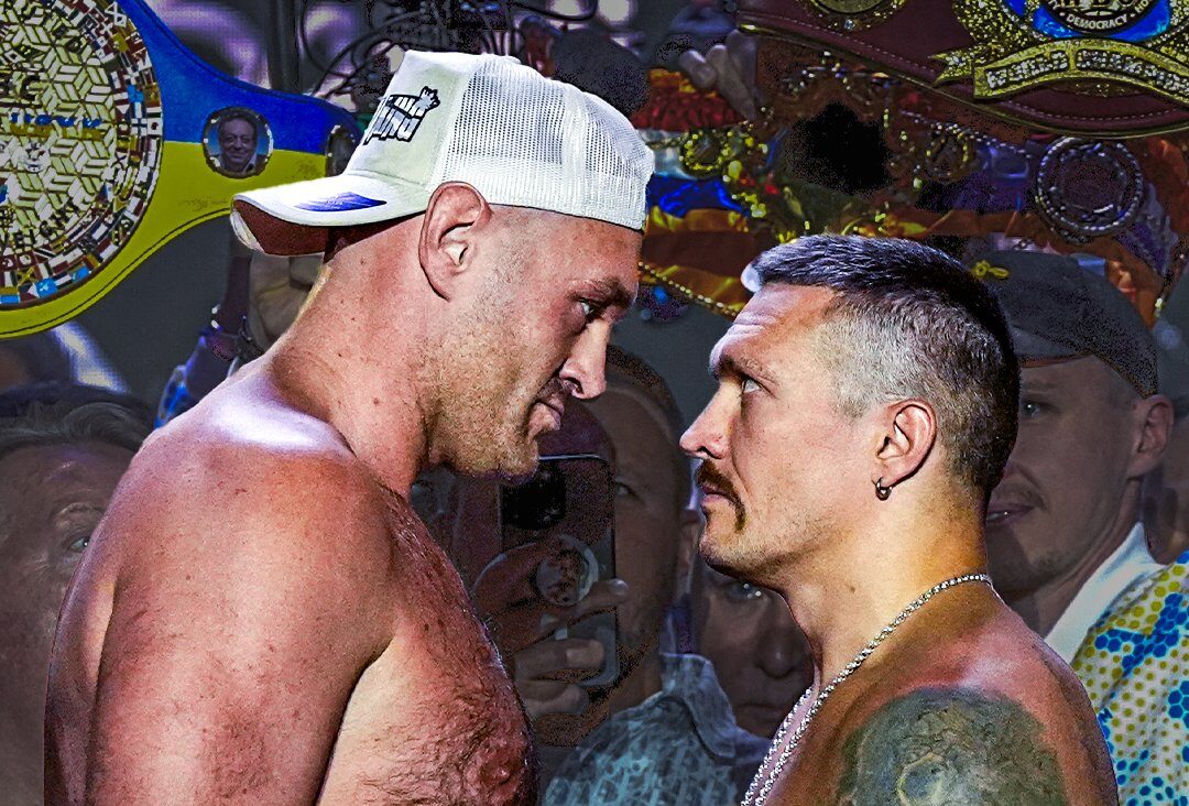TYSON FURY A LA IZQUIERDA Y OLEKSANDR USYK A LA DERECHA, CARA A CARA