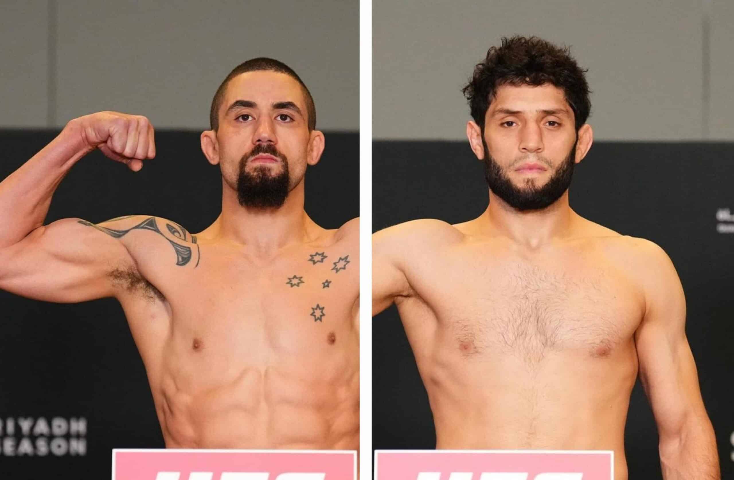 A LA IZQUIERDA ROB WHITTAKER Y A LA DERECHA IKRAM ALISKERVOV, POSANDO PARA LA FOTO TRAS EL PESAJE