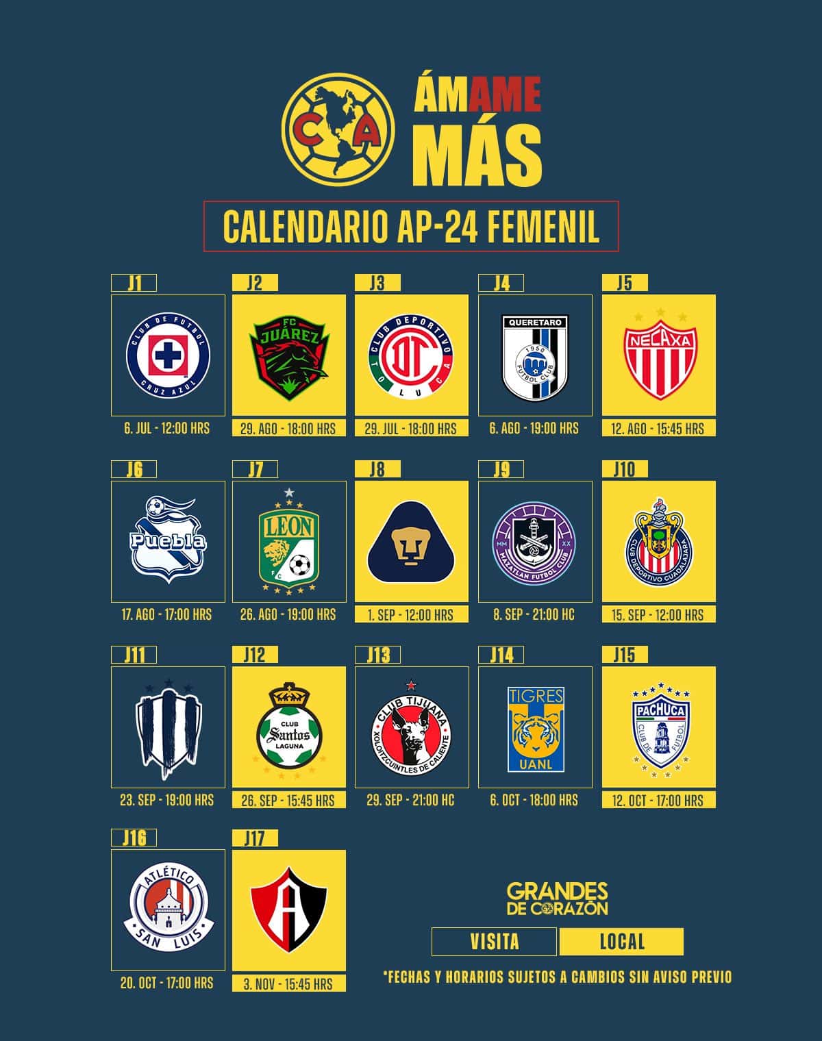 CALENDARIO AMÉRICA FEMENIL