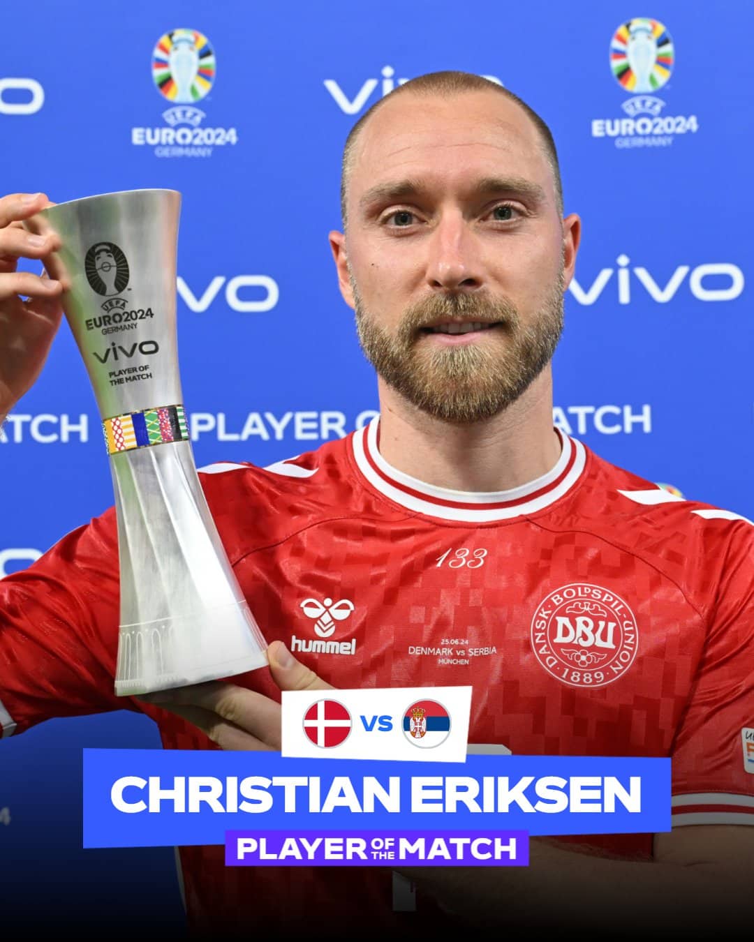 Christian Eriksen fue el jugador más valioso del partido.