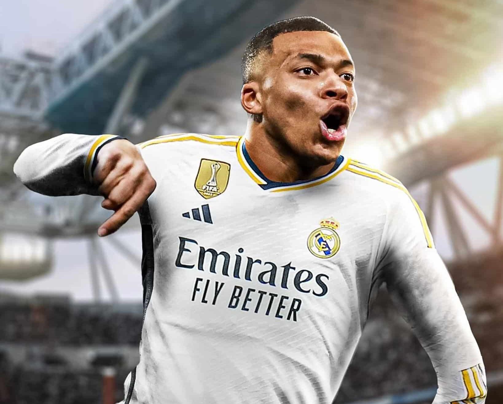 FOTOGRAFÍA EDITADA DE KYLIAN MBAPPÉ FESTEJANDO CON PLAYERA DEL REAL MADRID