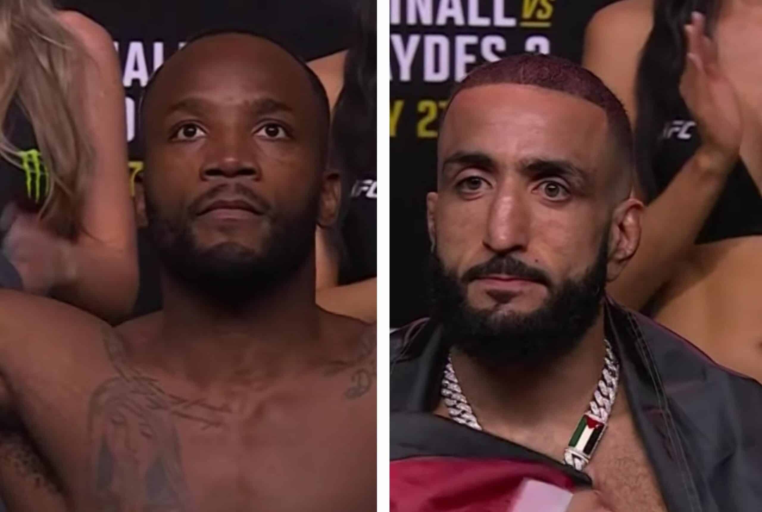 LEON EDWARDS A LA IZQUIERDA, Y A LA DERECHA BELAL MUHAMMAD, POSAN PARA LA FOTO TRAS EL PESAJE