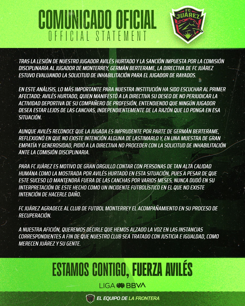 FC Juárez dio su postura sobre la lesión de su jugador Avilés Hurtado.