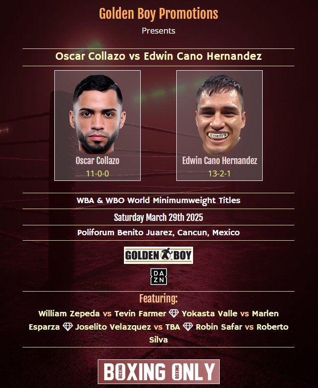 Oscar Collazo defenderá sus títulos mundiales de peso paja unificados de Ring Magazine, WBA y WBO contra Edwin Cano en el evento co-principal de la revancha Zepeda vs Farmer.