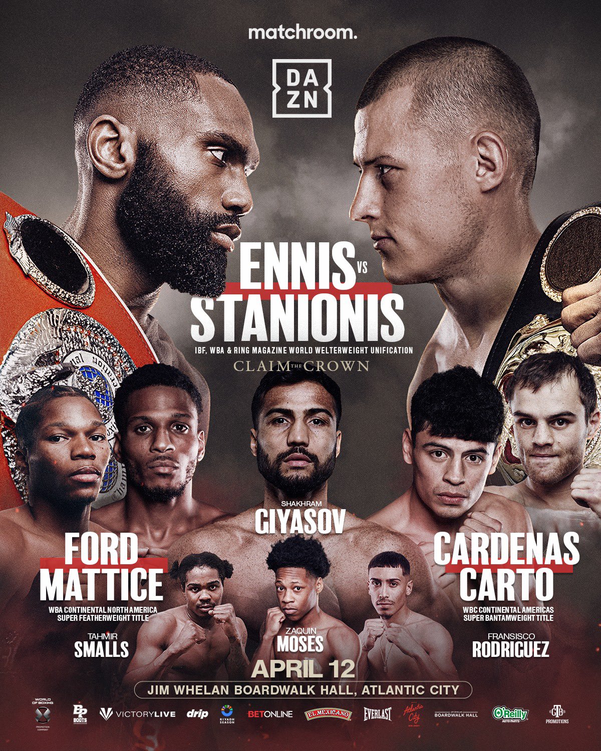 Jaron Ennis (Estados Unidos) vs. Eimantas Stanionis (Lituania), por los títulos wélter AMB y FIB.