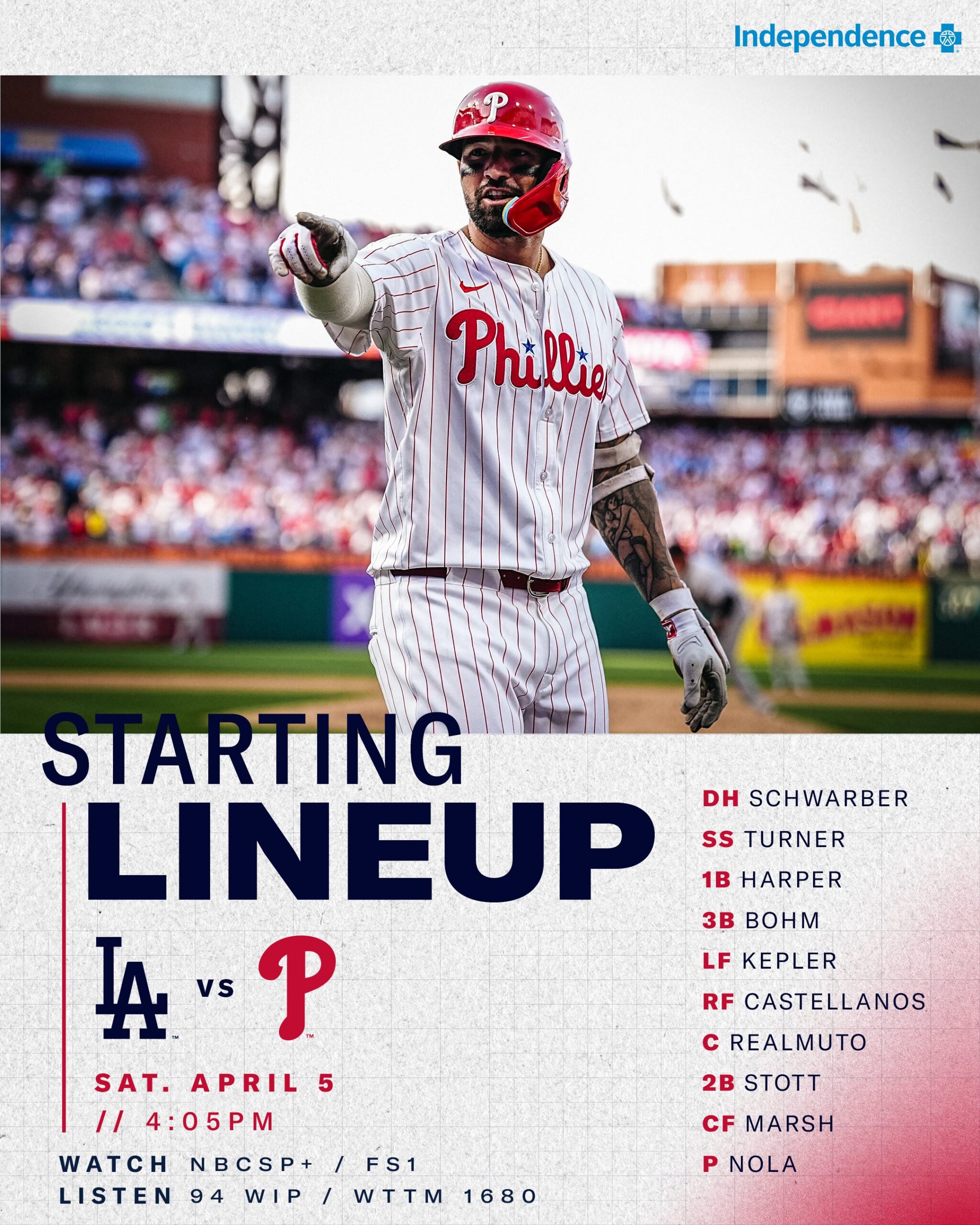 Alineación de los Phillies para el segundo juego de la serie en casa.