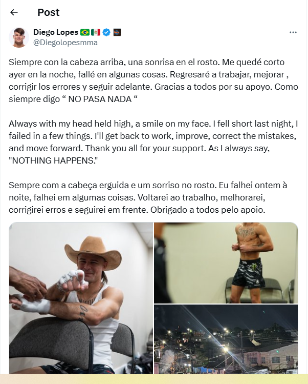 Diego Lopes reaparece tras su derrota en UFC 314.