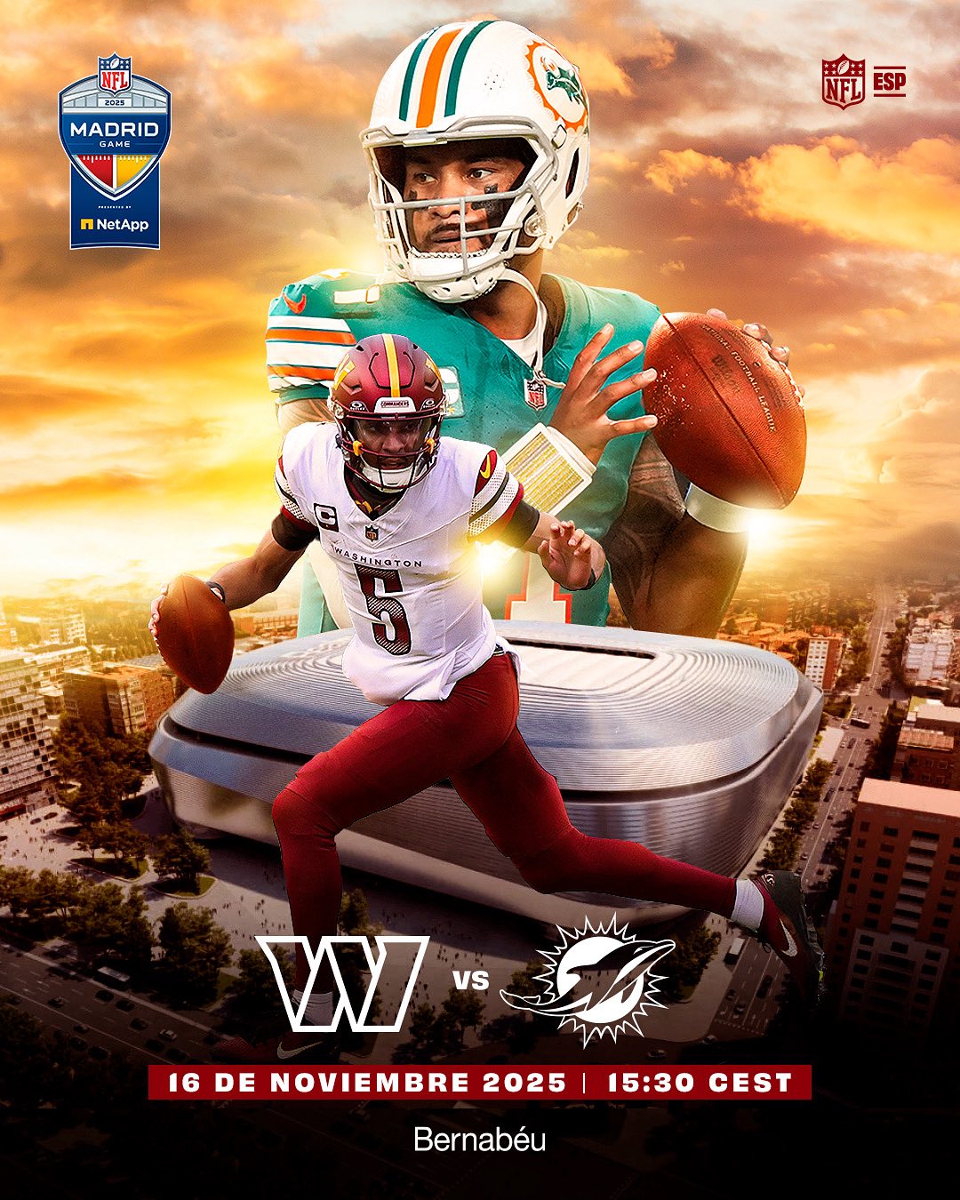 Dolphins y Commanders jugarán por vez primera en Madrid, España.